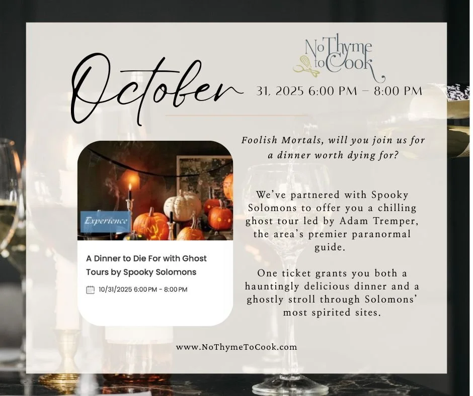 Perfect for thrill-seekers and food lovers alike! 
Enjoy a haunted dinner inspired by Amy Bruni&rsquo;s Food to Die For &mdash; featuring eerie eats like Gettysburg&rsquo;s Peanut Soup, Williamsburg&rsquo;s Sweet Potatoes, and even a taste of Alcatra