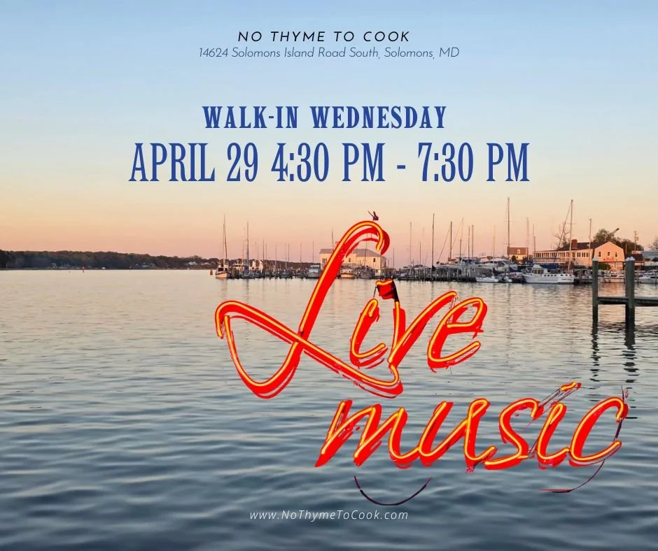 🎶 Live Music Is Back at No Thyme to Cook! 🍷

🎤 Upcoming dates with Steve Nelson: 

Walk-In Wednesday &ndash; Live Music with Steve Nelson
April 29
4:30 PM &ndash; 7:30 PM

Walk-In Wednesday &ndash; Live Music with Steve Nelson
May 27
4:30 PM &ndas