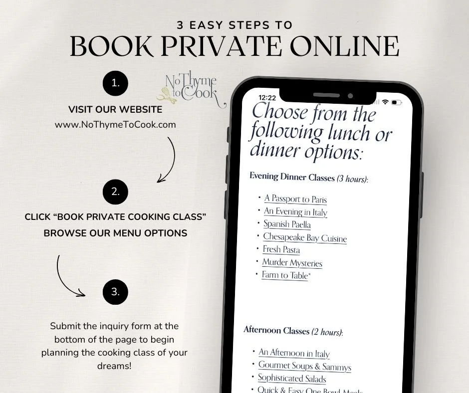🍽️✨ Book a Private Cooking Class at No Thyme To Cook 🌿
Looking for a unique way to celebrate, connect, or gather your group together? A private cooking class at No Thyme To Cook transforms an ordinary night into an unforgettable culinary experience