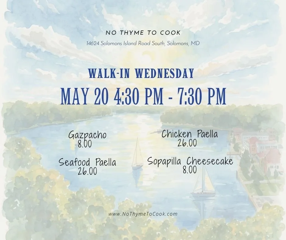 📍 No Thyme To Cook | Solomons, MD
Each week, our chefs prepare a seasonal menu featuring a couple of delicious dishes served alongside your choice of a cold beer, a glass of wine, or a refreshing non-alcoholic beverage, all included in one simple pr