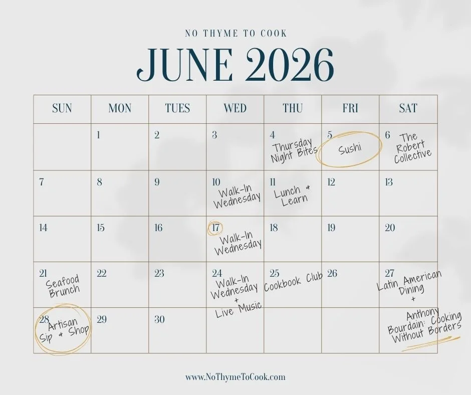 ☀️June Classes Are Here 🍽️ 
Pick your class. Schedule the date. Plan something to look forward to this summer.

Summer in the kitchen looks like:
🍷 Date nights
👨&zwj;🍳 Hands-on culinary classes
📚 Cookbook club experiences
🌊 Waterfront events
🔎