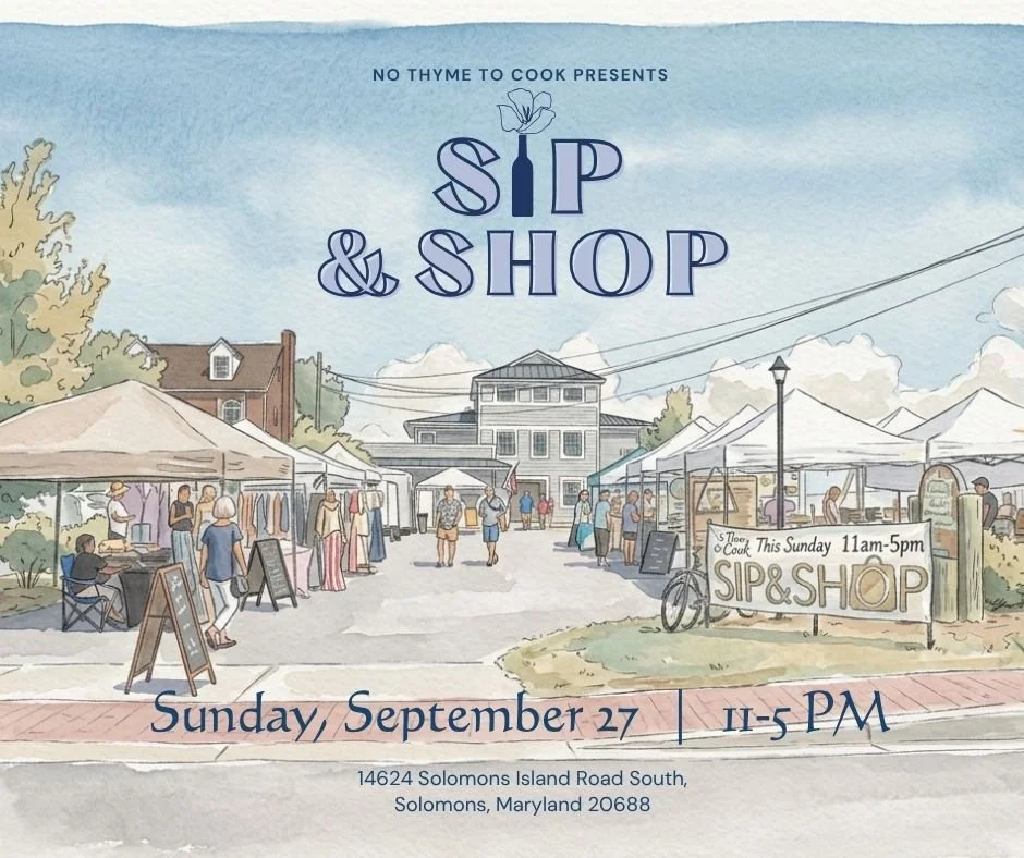 New month, a new monthly Artisan Sip &amp; Shop to look forward to!
Mark your calendars for end of the month plans. 
📅 Sunday, September 27
🕚 11:00 AM &ndash; 5:00 PM
📍 No Thyme to Cook | Solomons, MD
Stroll through a vibrant outdoor market featur