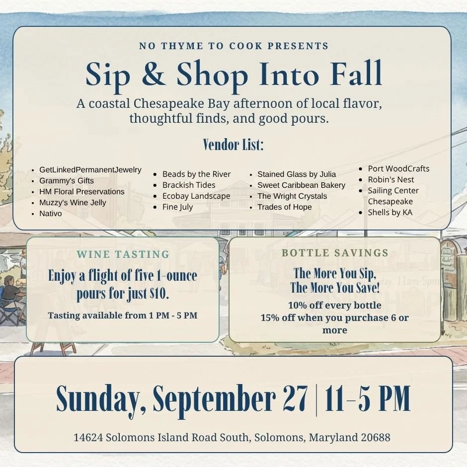 ✨ SHOP LOCAL. SIP. DISCOVER SOMETHING SPECIAL. ✨

Mark your calendar for September Artisan Sip &amp; Shop at No Thyme To Cook! 🛍️🥂
Join us Sunday, September 27 from 11 AM&ndash;5 PM for a wonderful day celebrating local artists, makers, and small b