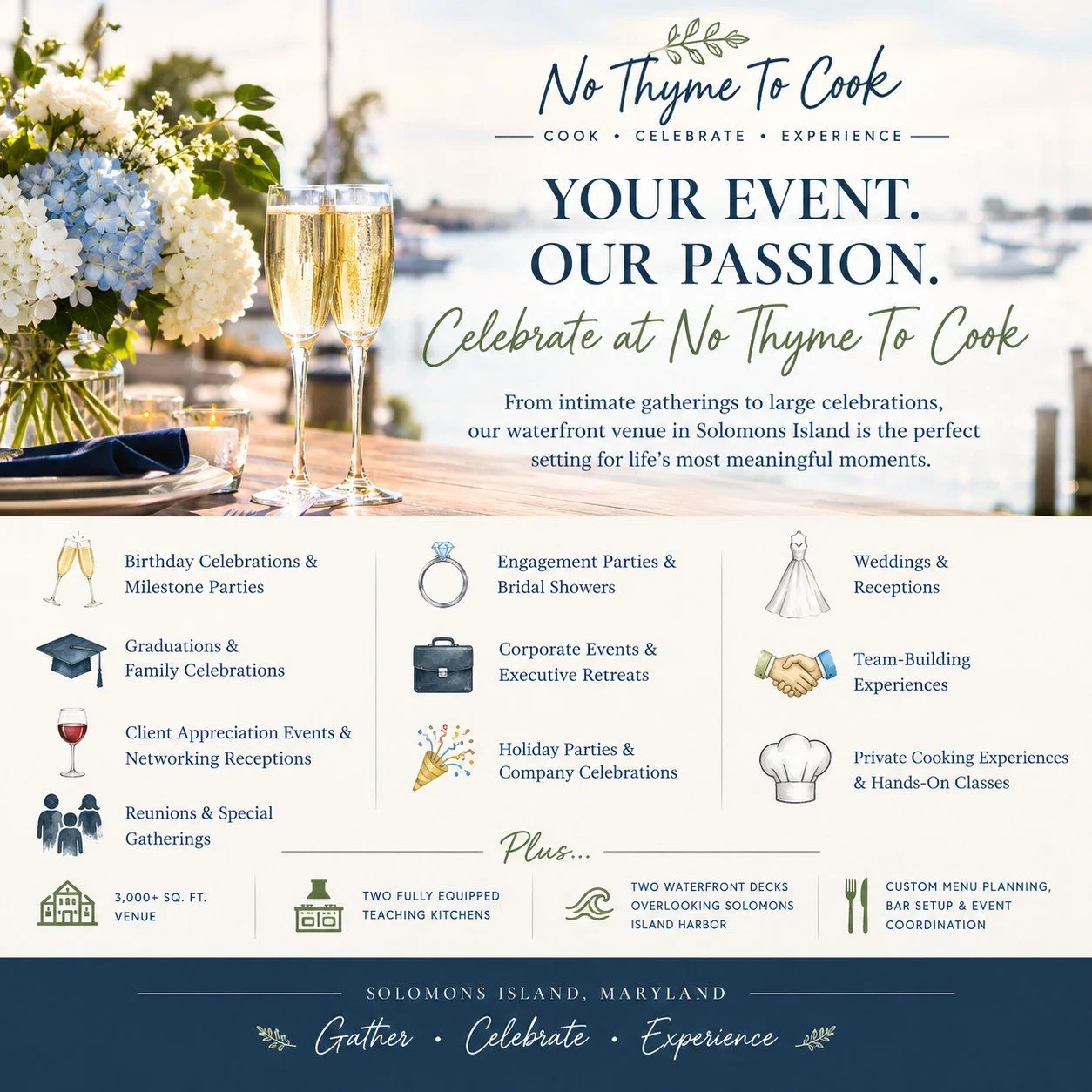 ✨ Your Event. Your Vision. Your Waterfront Setting. ✨
Looking for a private event venue that feels a little more special than the ordinary? From intimate celebrations to large gatherings, our waterfront venue in Solomons Island can host a wide variet
