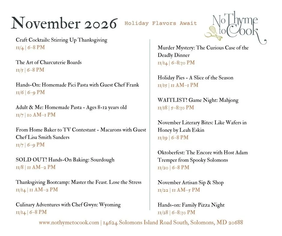 Our November class calendar is filled with opportunities to learn something new, sharpen your culinary skills, explore seasonal favorites, and enjoy memorable experiences in the kitchen. Whether you&rsquo;re planning a date night, a fun outing with f