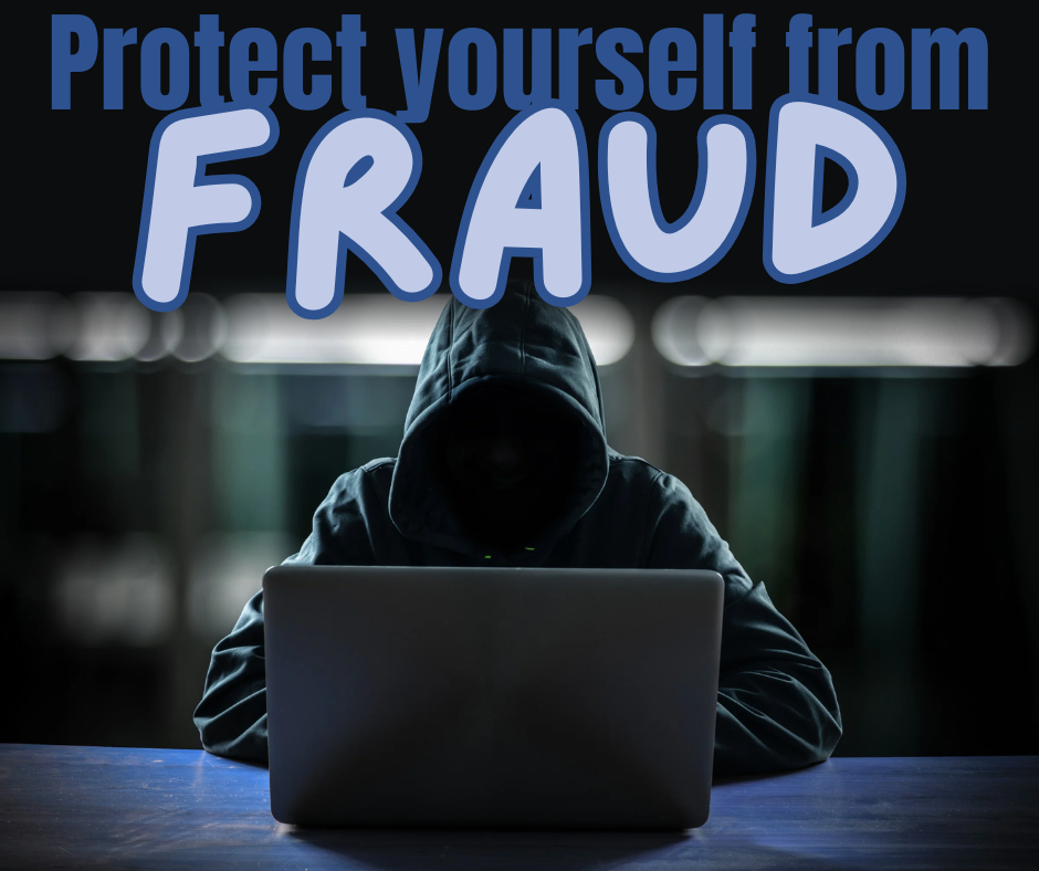 A hooded figure in a dark hoodie working on a laptop in a dimly lit environment with text that reads, "Protect yourself from FRAUD."