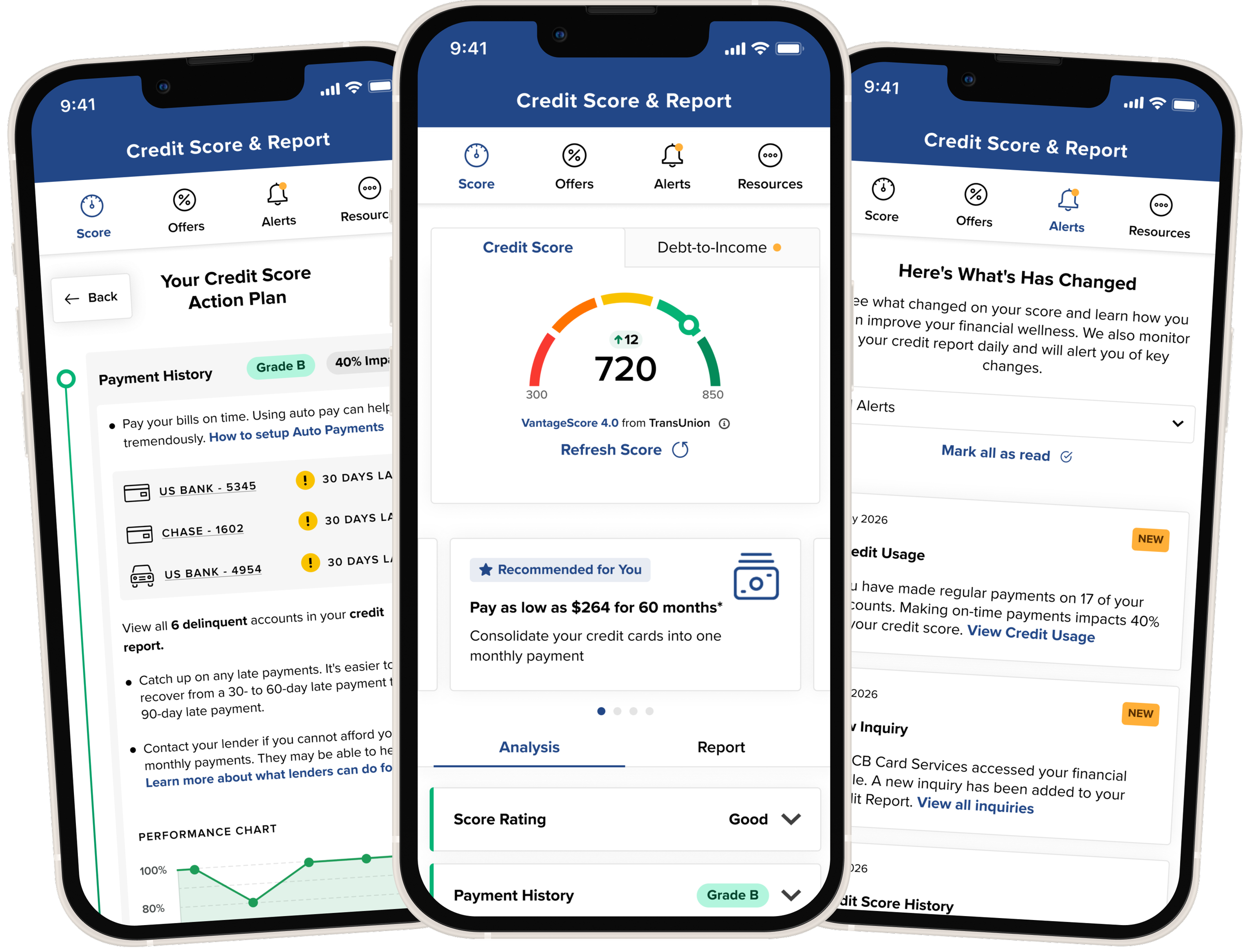 Multiple smartphone screens displaying a credit score and report app. The screens show sections such as credit score, payment history, analysis, and alerts.