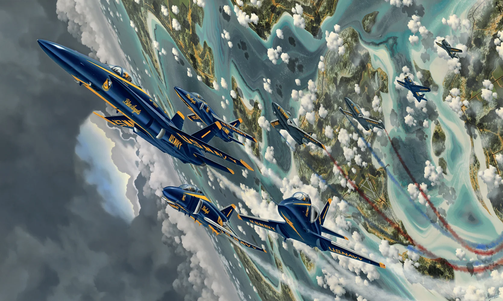 12. THE BLUE ANGELS 1995, 3’ x 6’, Oil on Canvas - Permanent art collection of the SMITHSONIAN AIR & SPACE MUSEUM, WASHINGTON, DC. In 1995, with the assistance of Admiral Skip Furlong, former Vice President of the United States Naval Aviation Museum Foundation and Capt. Bob Rasmussen, former Director of the National Museum of Naval Aviation at NAS Pensacola, Florida, I created an oil painting celebrating the 50th. Anniversary of the Blue Angels. The painting depicts all eight of the aircraft used by the Blues since their inception in 1946. Cdr. Butch Voris originated the Blue Angels and flew the first F6F Hellcat for the team in 1946. He also named the new Navy flight demonstration team after a night club in New York City called “The Blue Angel”.After completion in 1995/96, the painting went on display in the Atrium of the United States National Museum of Naval Aviation at NAS Pensacola, Florida for 2 1/2 years. The painting has been acquired by the Smithsonian Air & Space Museum in Washington DC.
