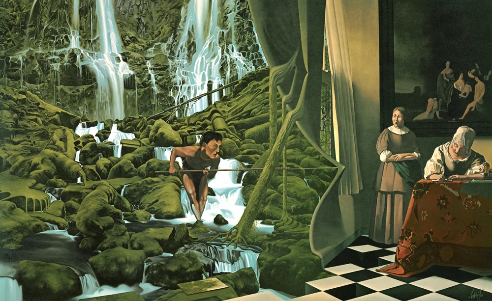 18. THE FIRST PROBE 1982, 45" x 28", Oil on Canvas - SOLD - Stolen from collector (Athens, Greece) - never recovered. A primitive emotion probes into the fabric of civilized minds. No matter how benign and secure the environment appears, even cautious exploration can change forever how we see our surroundings.