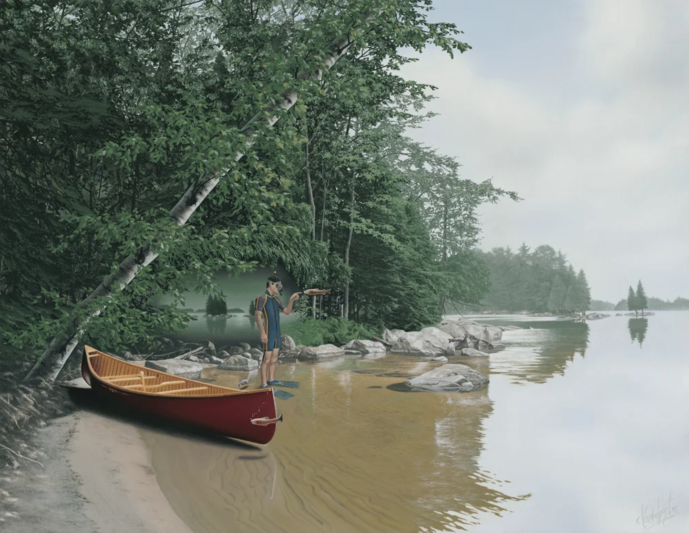 20. THE GIFT 1995/96, 20" x 16", Oil on Canvas - SOLD - Private Collection In a secluded cove on a northern lake, a gift is presented. The swimmer's catechism begins but the answers will remain as elusive as a ripple of water on the sandy shore.