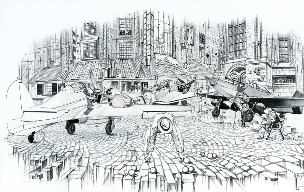 21. THE GAMMON SPORTS PALACE 1979, 30" x 19", Ball Pen and Pencil - SOLD - Private Collection Deception and illusion are the foundation of this venue. The scene is confusing but as more questions are asked, less becomes known and the games become more difficult.