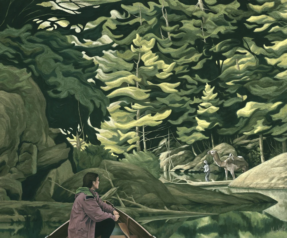 27. THE IMMIGRANT 1998, 24" x 18", Oil on Canvas A desert traveller finds himself lost and wandering through a world that does not yet speak to him. He is quietly being observed by one who is comfortable with the strong emotions of this northern landscape. This painting was inspired by the works of A.J. Casson, a member of the Group of Seven. The scenery is Lake Joseph, Muskoka, Ontario.