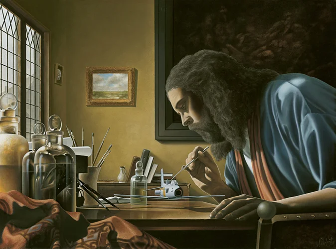 30. THE MODEL MAKER 1987, 24" x 18", Oil on Canvas - SOLD - Private Collection The inspiration for the The Model Maker originated with the intimate interior scenes of 17th century Dutch artist, Johannes Vermeer and the artist Robert Vanderhorst's fascination with the technology of aviation. In a scene reminiscent of Vermeer's Astronomer (1688), the unexpected placement of an F-86 Sabre jet floating gently above the tabletop creates a quiet tension in the painting and asks how time, technology and the artist coexist.
