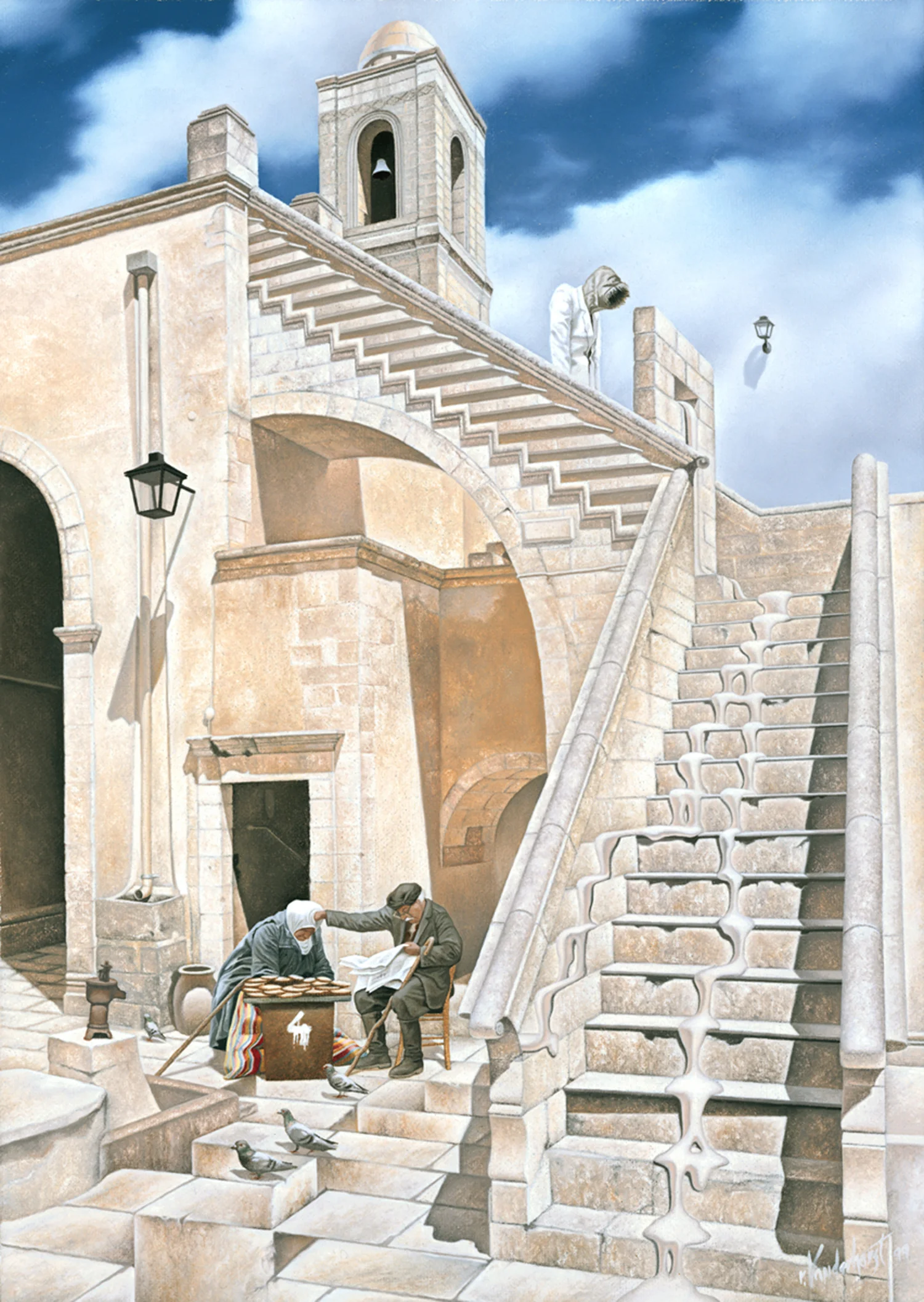 31. THE MONASTERY 1999, 10" x 14", Oil on Canvas - SOLD - Private Collection. In the secluded confines of the monastery, there is a desire for clarity. A need to keep life simple and communications more direct. Amid imprisoned memories and a structure built on a foundation of confused perspective, there are reminiscences of the illustrations of M.C. Escher.
