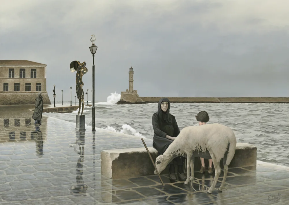32. THE SENTINEL 2000, 28" x 20", Oil on Canvas - SOLD - Private Collection. The scene takes place on a winter's day in the old port town of Chania, Crete. The bronze sentinel and the matriarch watch and stand guard. Not everything is obvious, witness the second seagull. Where is the threat and from what direction should we be wary. The painting was inspired by the sculpture The Sentinel by Paul Fairley and photographs of old Crete by Alison Smith.