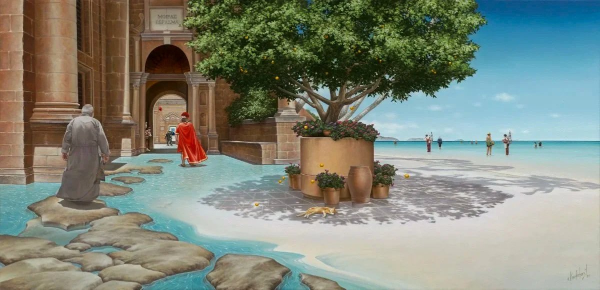   #47 - FATE’S PASSAGE: THE VANISHING POINT    Oil on Canvas - 44” x 24” , 2025/26    ΜΟΙΡΑΣ ΠΕΡΑΣΜΑ&nbsp; - Fate’s Passage    Located in the inner courtyard of the Monastery of Agia Triada on the Akrotiri in Crete, the Vanishing Point doorway opens 