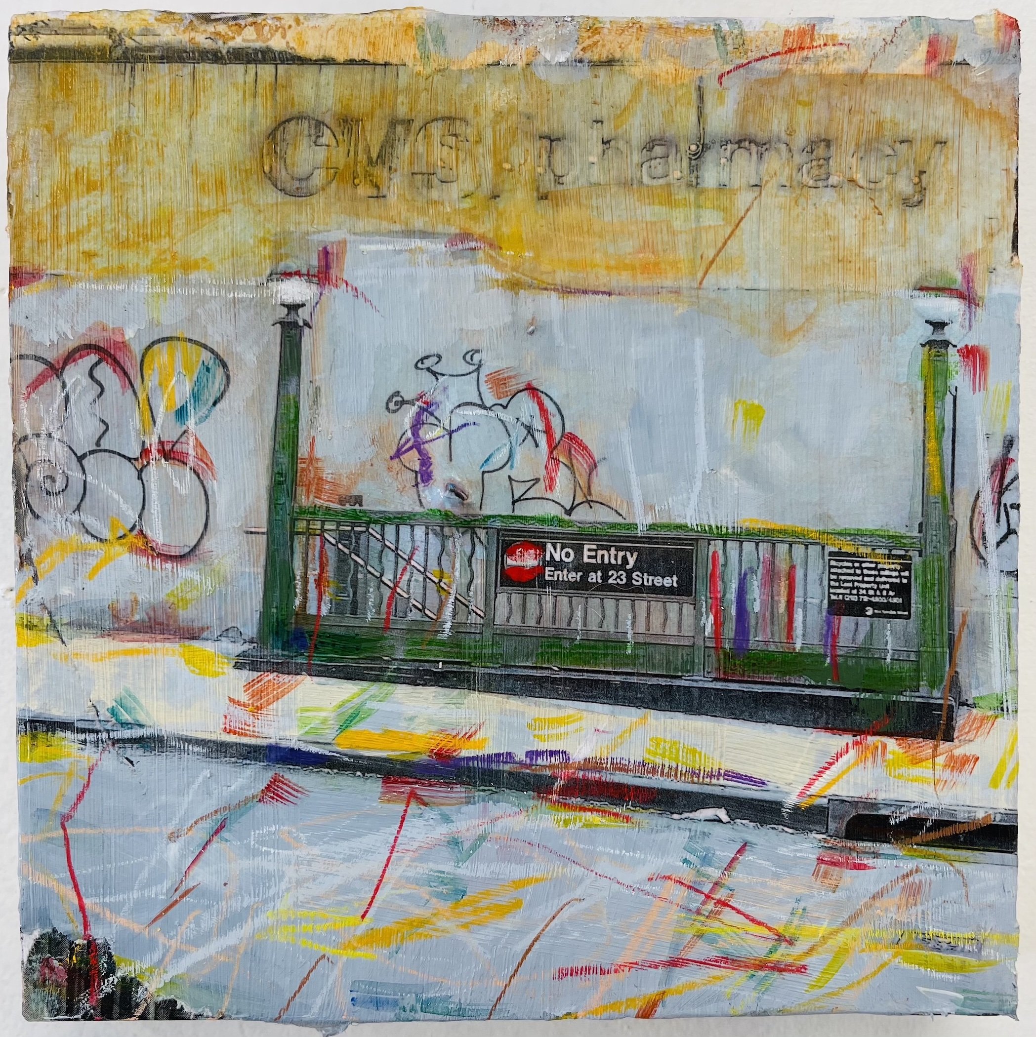 The Disintigration of 24th Street, 6"x6", photogrpahs, collage, acrylic paint and caran d'ache on panel, 2022.jpeg