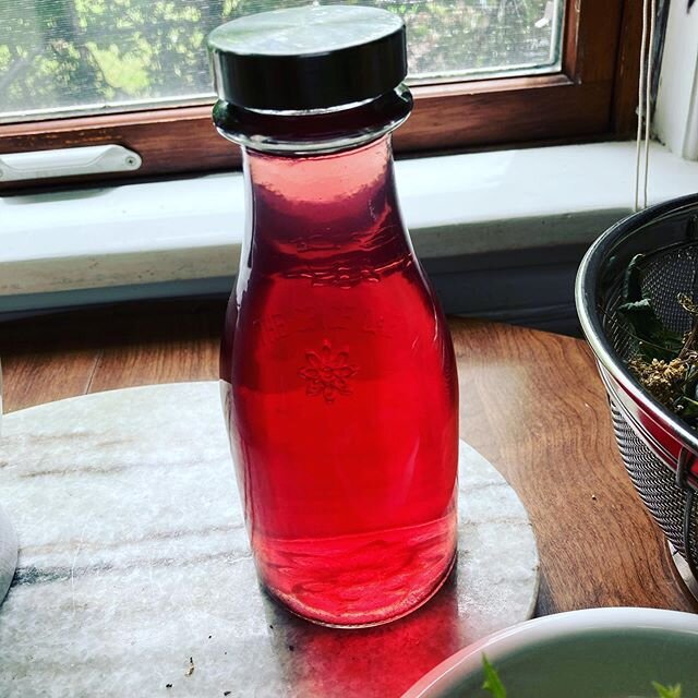 Rose water. Rose energy is soothing to the heart, and we could all use a bit of support there right now. Extremely refreshing and rejuvenating in the summer heat. I collect chem-free petals, this batch was about a cup of petals to 1 1/2 c water, heat