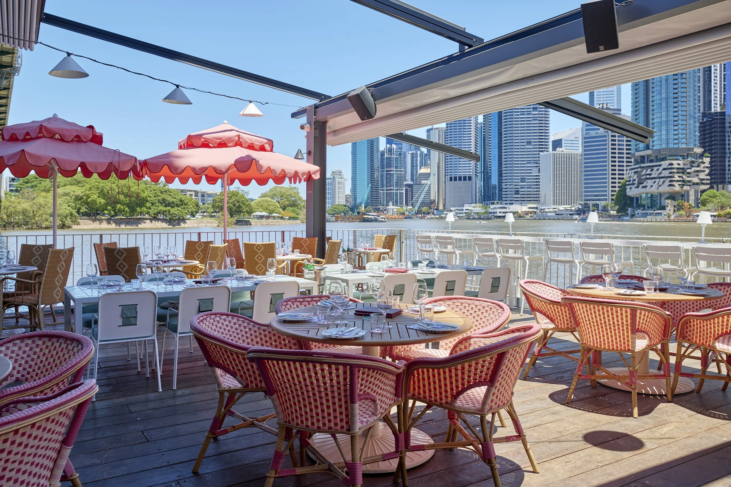Mr Percival's overwater venue on the Brisbane River beneath the Story Bridge at dusk