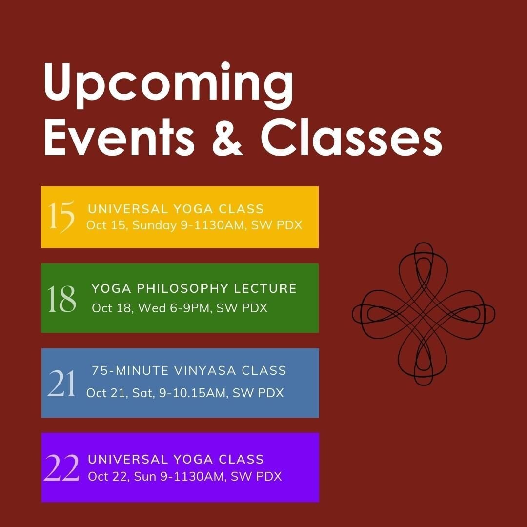 🍁Fall Blessings, Yoga for Life Community! We hope you're holding steady and warm during this blustery and wet Autumn onset. 🌧️

🗓️ We have a bushel of Oct events coming up, from #vinyasa #yogaclasses to #yogaphilosophy lectures. So, come on over a