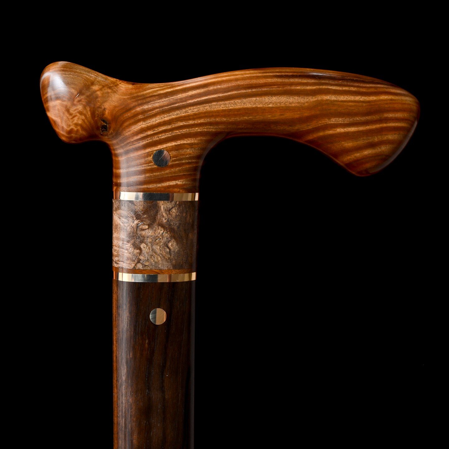 Guayacan, Genuine &quot;Lignum Vitae&quot;, the densest wood in the world. Divider of Sindora burl from Laos, and a Mun ebony shaft. Available on Gilliscanes.com