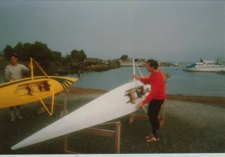 1987 - at OWRC's temporary location while the Schoonmaker building was completed; Bill Berger, one of the very early members, has always made sure that the boathouse gets whatever woodworking it needs, from boat slings to oar washing racks to oar racks.