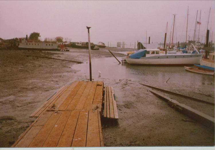  1986 - 1987 - No dredging at Napa Street kept OWR off the water at very low tides - referred to as "High Duck". (Note decoy nailed to top of pole at end of dock.) Rowers of course preferred Low Duck.  