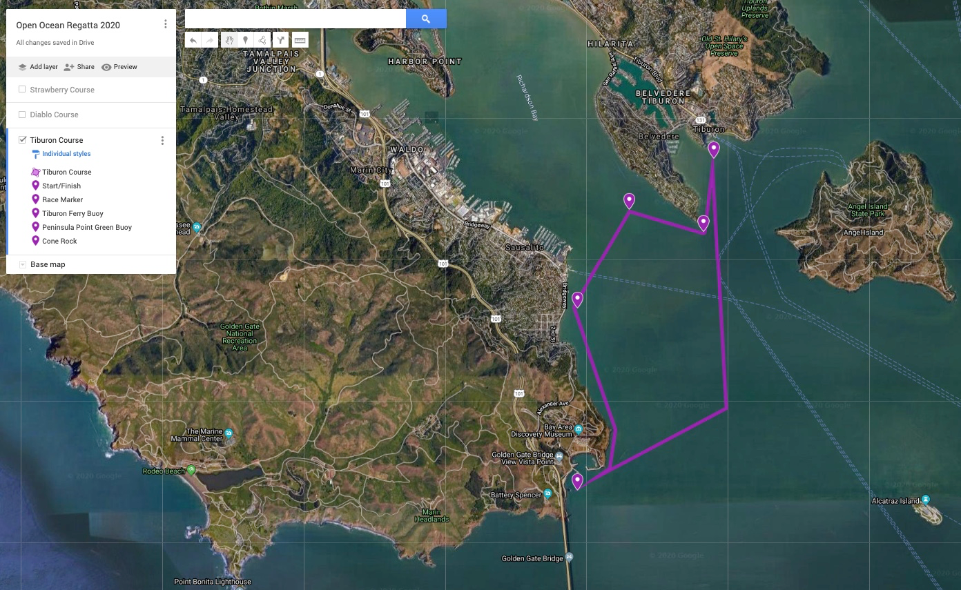 Tiburon Course: Sausalito, the Needles (marker), Tiburon Ferry buoy, Peninsula Point, Cone Rock, finish.