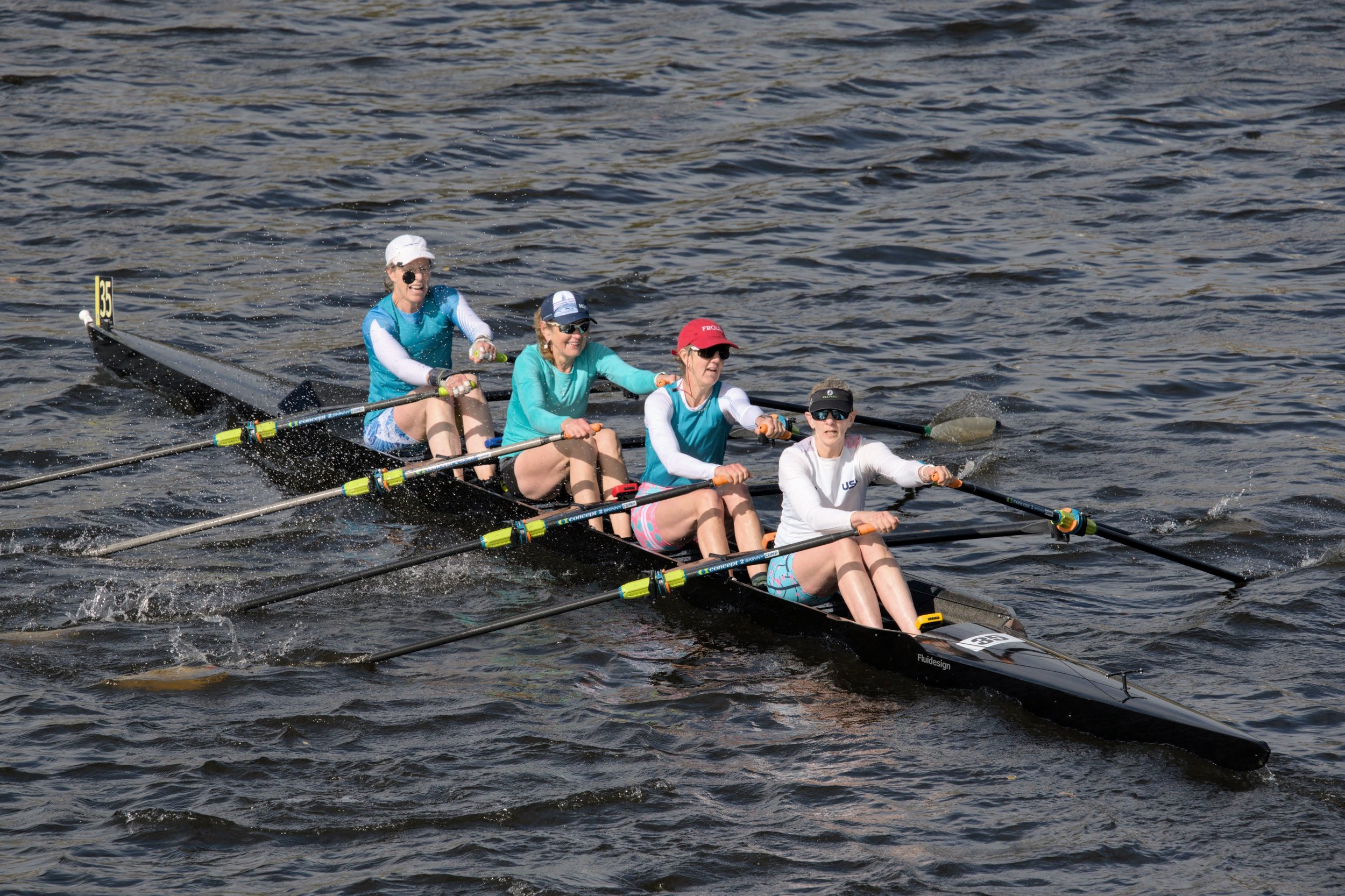  4x at the 2023 Head of the Charles regatta in Boston, MA. Sharon is stroking; 3-seat is her college roommate who lives in Maine; bow seat is 3-seat’s 2x partner; and 2-seat is Sharon’s 2x partner. The team finished mid-pack after only a few rows tog