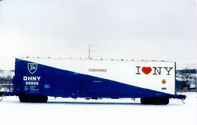 150 50000 class 'I Love NY" Box Cars were made by Pullman Standard in the early 1980s, and were jointly owned/leased by the New York Department of Transport (NYDOT) and the D&H. 50000 is shown on a cold January day in 1982 at Erie St. yard, Albany, NY. Photo from a Bill Mischler 35mm slide, used by permission.