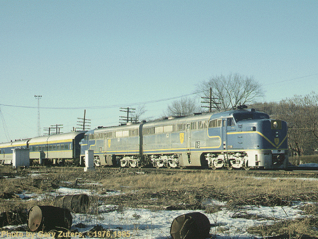 D&H 16 and 18 Two of Delaware and Hudson's famous Alco PA's (#16 & #18) lead the southbound Adirondack through Mechanicville, NY on February 14th, 1976. Photo by Gary Zuters, copyright 1976,1995, all rights reserved. Scan by John Reay.