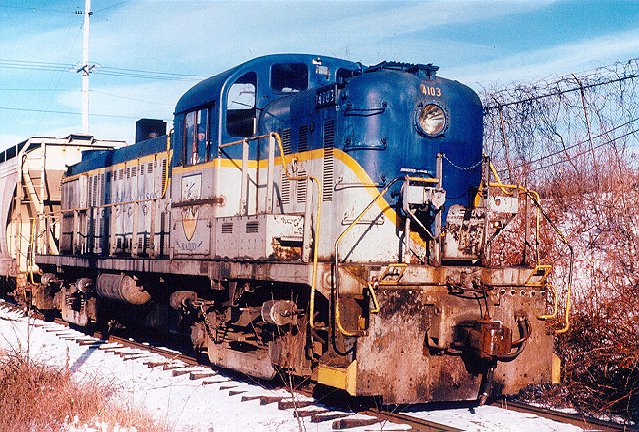 D&H 4103 Nearing the end of its life on the D&H - the only RS3 left when this photo was taken at Waterford, NY in January 1985. Bill Mischler photo.