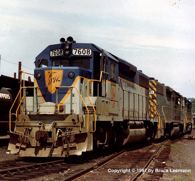 D&H 7608 Unit #7608 is shown in Beiver St. Yard in 1977, leading GP39-2 7411 still in the Reading Colors. Photograph by Bruce Leemann