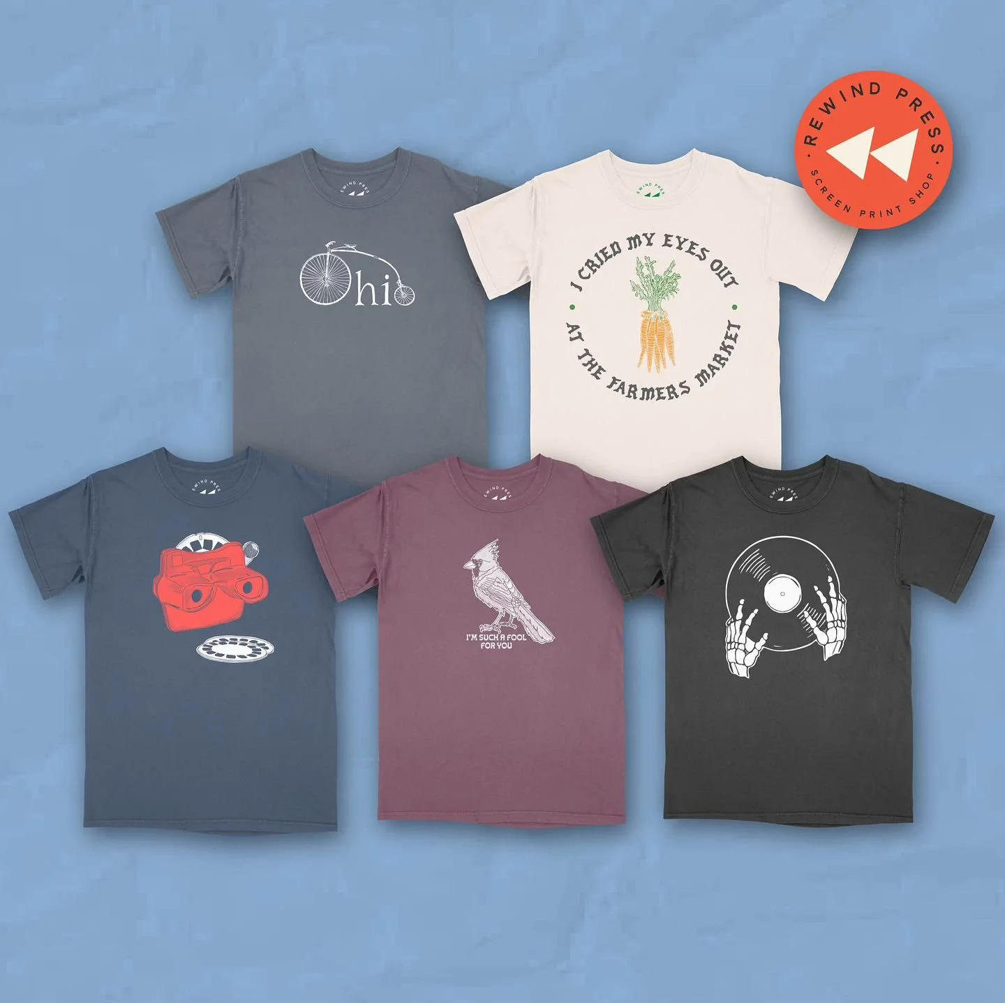 Some old, some new! Our site is updated with some sweeeet tees printed just for you.

Shop them at rewindpress.com or come find us at this month&rsquo;s @germanvillagemakersmarket July 21 to find one color versions of some of these designs ⭐️

#bekin