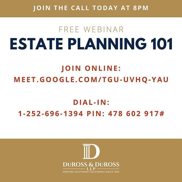 Our webinar is TONIGHT at 8pm (PST). Attorney Tom DuRoss will share a PowerPoint Presentation and we will answer questions LIVE! We recommend joining the webinar online. You can also listen in via phone by dialing in but there will be helpful visuals