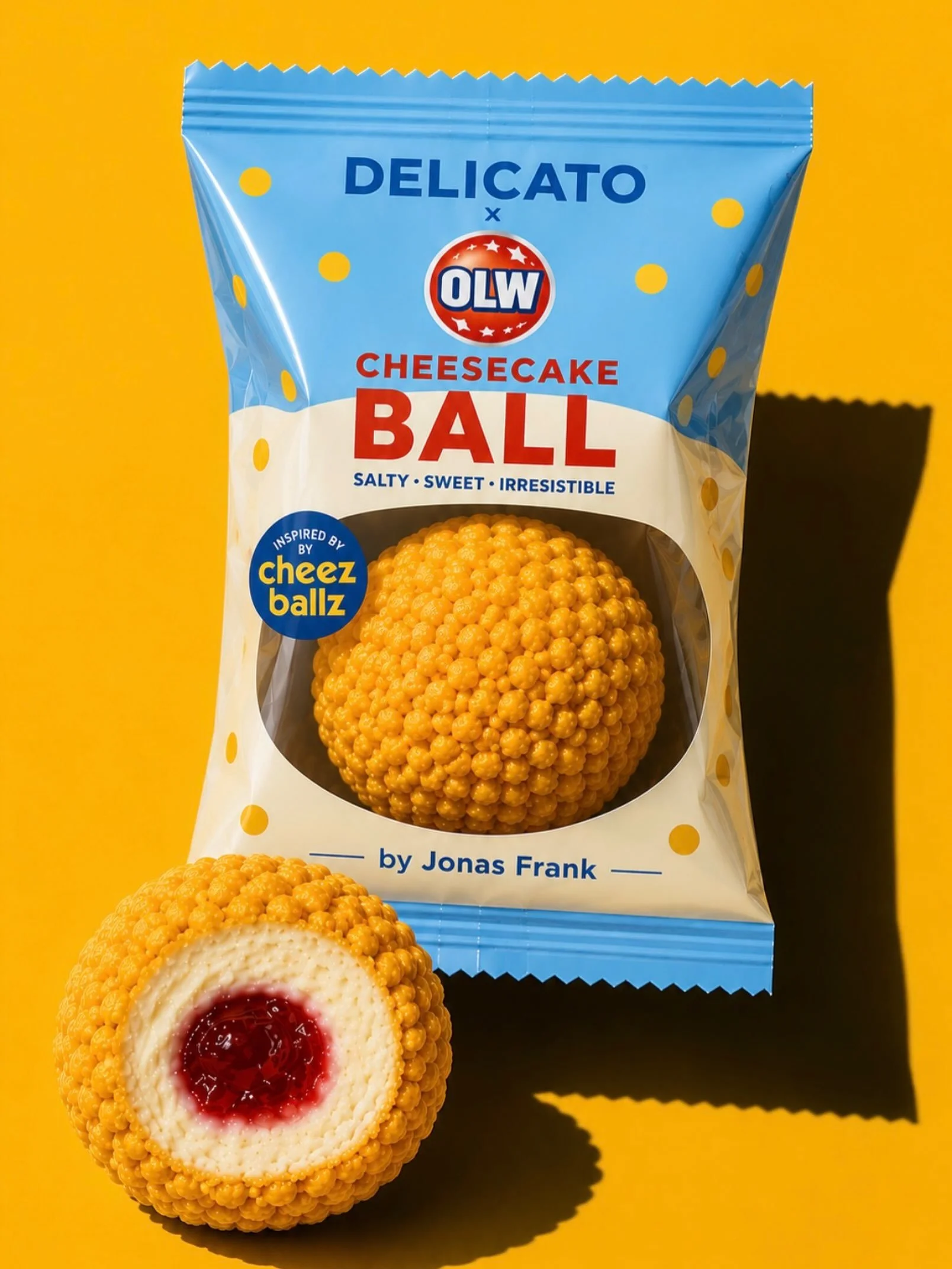 Jag har en id&eacute; till er, @olw_se och @delicato.se .

En boll som ser ut som en Cheez Ball, men som visar sig vara en kr&auml;mig cheesecake med en syrlig hallon eller jordgubbsk&auml;rna.

Jag tror mer p&aring; den h&auml;r typen av produktid&e