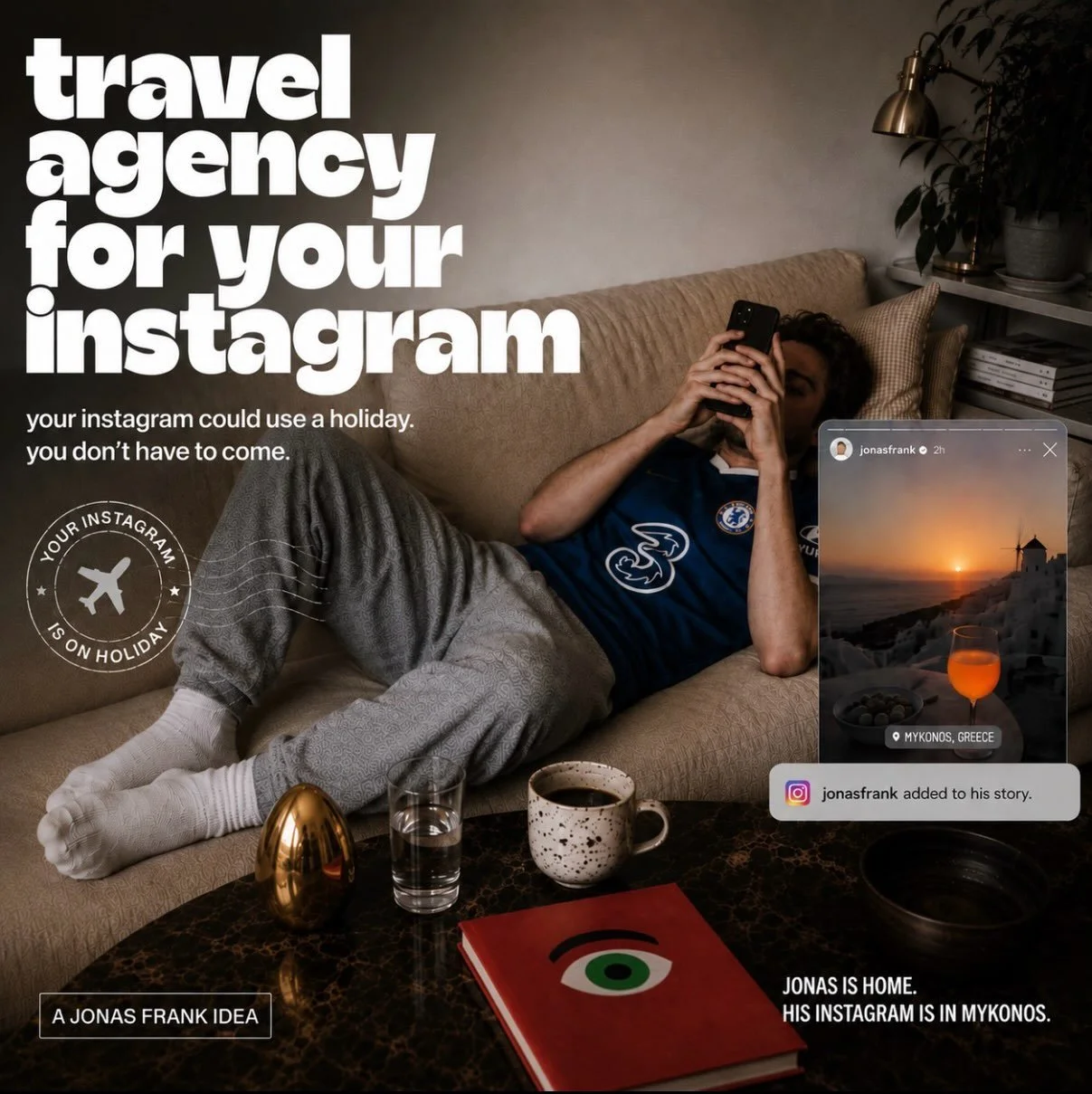 Jag har en id&eacute;.
TRAVEL AGENCY FOR YOUR INSTAGRAM
Ditt Instagram &aring;ker p&aring; semester. Du g&ouml;r det inte.

Du bokar en resa &aring;t ditt Instagramkonto precis som p&aring; en vanlig resebyr&aring;.
Men ist&auml;llet f&ouml;r att v&a