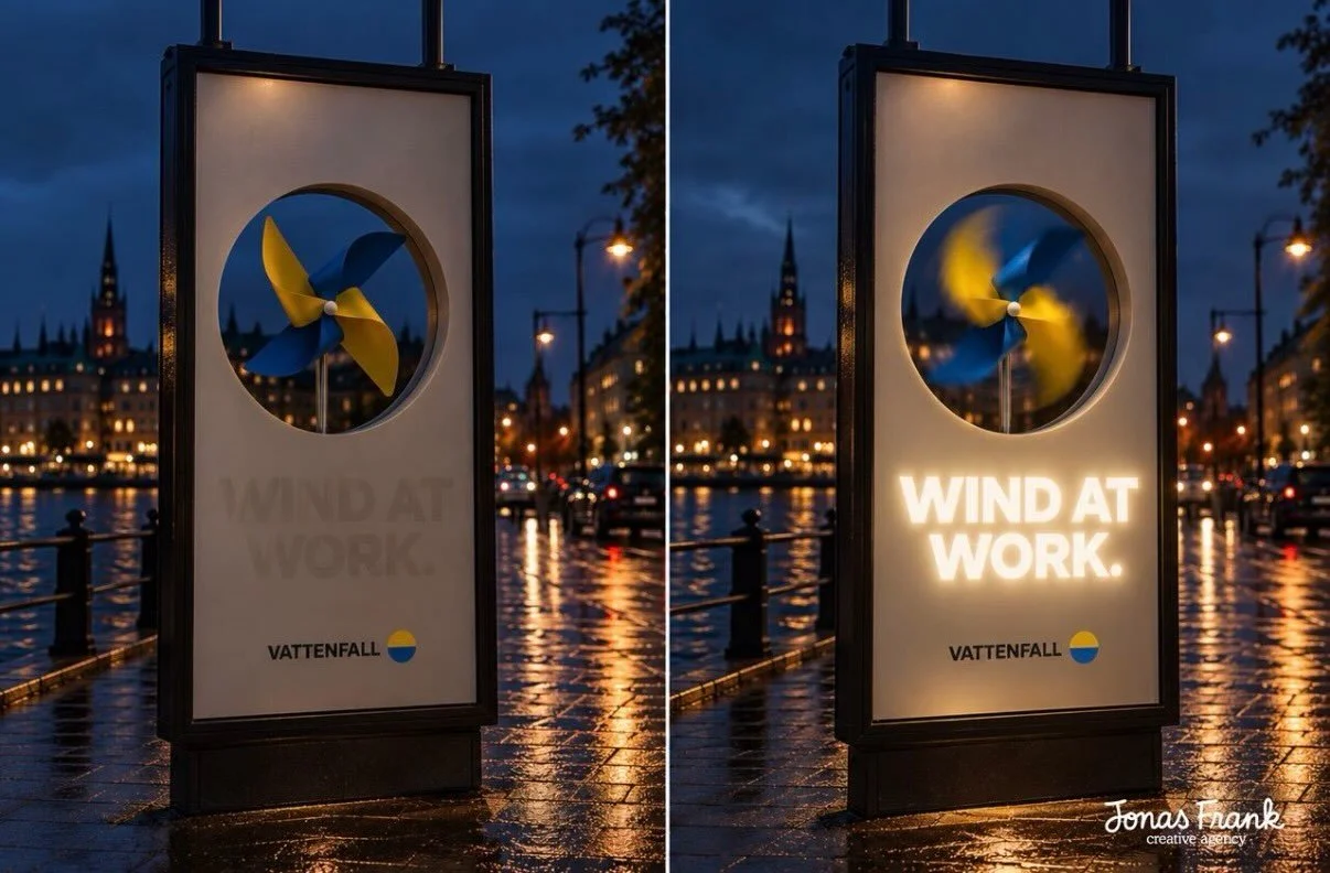 Jag har en id&eacute; f&ouml;r er Vattenfall 
T&auml;nk er en utomhustavla som inte bara&nbsp;pratar om vindkraft, utan faktiskt anv&auml;nder vinden.

Att anv&auml;nda vind eller solpanel f&ouml;r att driva utomhusreklam &auml;r f&ouml;rst&aring;s i