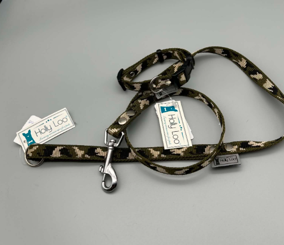 Collier et/ou laisse camouflage kaki 1.5cm
