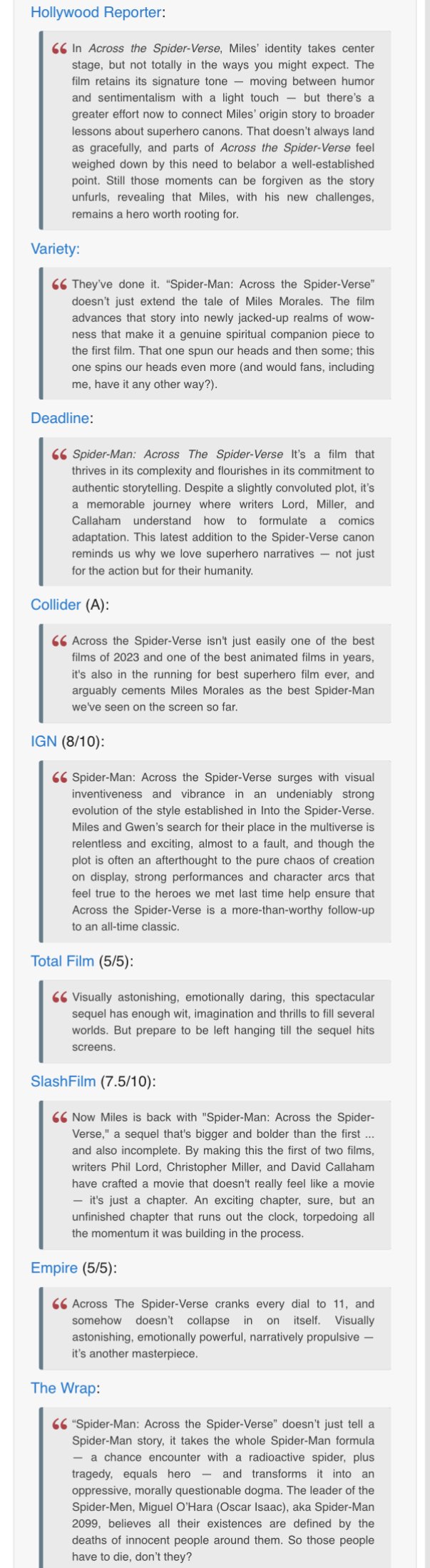 Marvel News Source - Spider-Man: Across the Spider-Verse ratings across  different platforms: 🔸 Rotten Tomatoes - 95% 🔸 IMDb - 9.1/10 🔸  Metacritic - 87 🔸 Letterboxd - 4.7/5 #SpiderManAcrossTheSpiderVerse