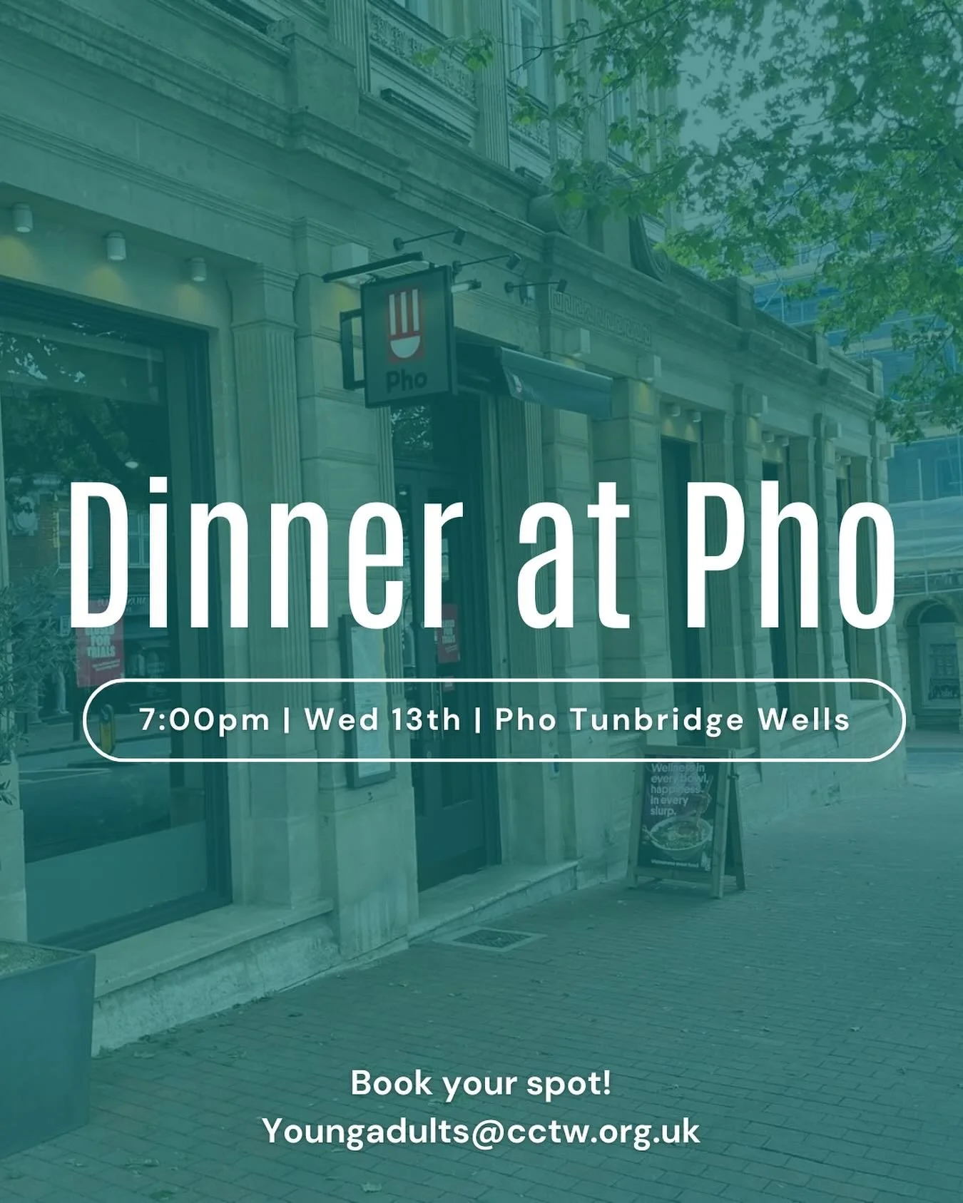 Instead of meeting for our usual study this Wednesday we will be going to Pho! 

Let us know if you coming by emailing youngadults@cctw.org.uk or DM us by the end of Sunday so we can book a table.