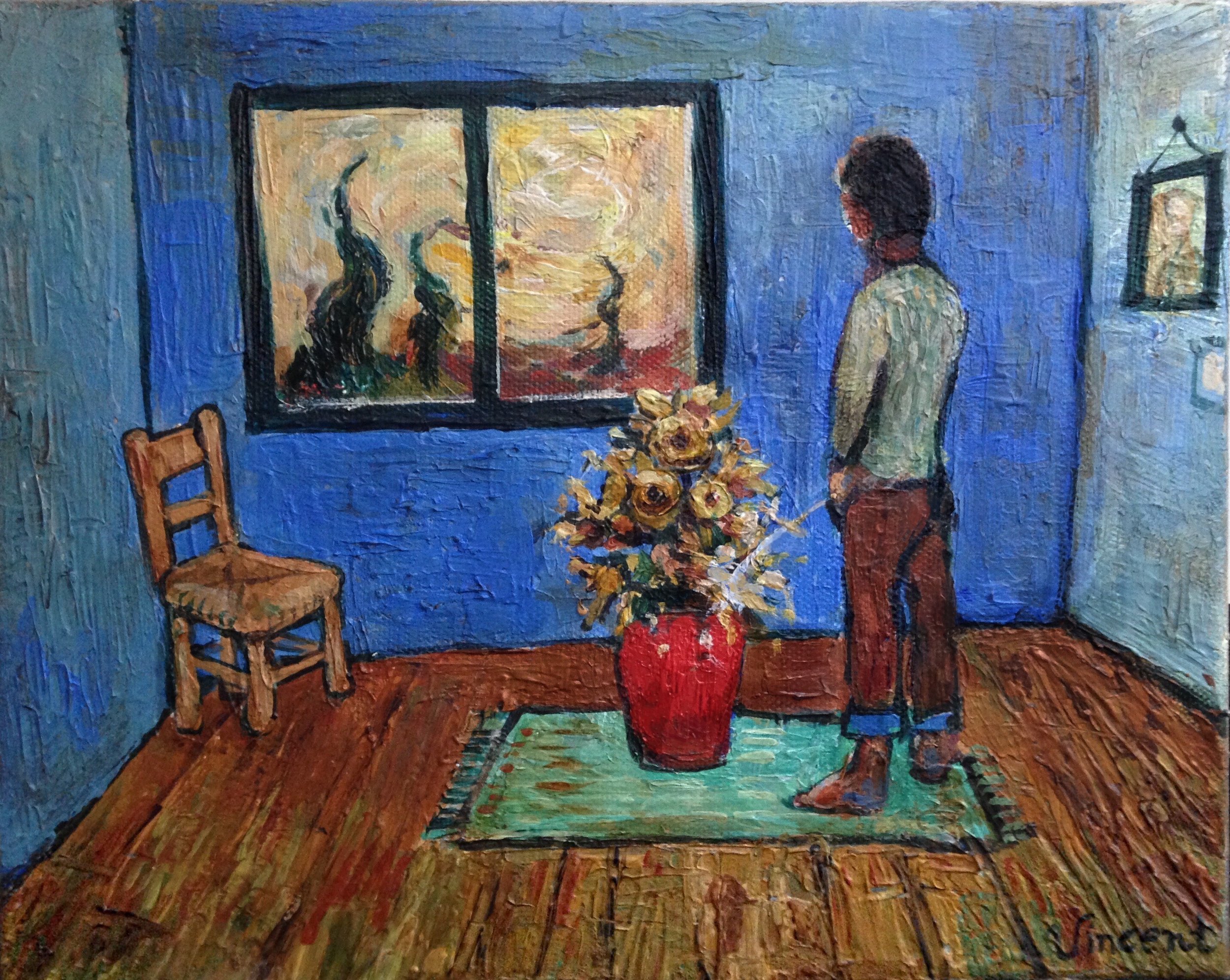 Boy Peeing on Flowers, acrylic on canvas, made for film "Bad Night" 2015
