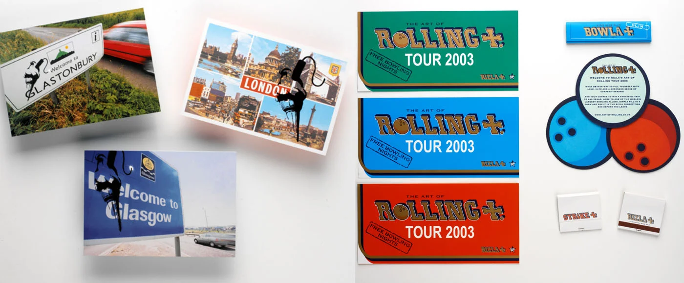 RIZLA / Five years of Summer festivals including Glastonbury cafes and chillout tents on the road with Massive Attack and the Rizla Bowling tour. Commissioned a young Banksy to create stencils for the brand and hijacked a few signs and locations whilst touring.
