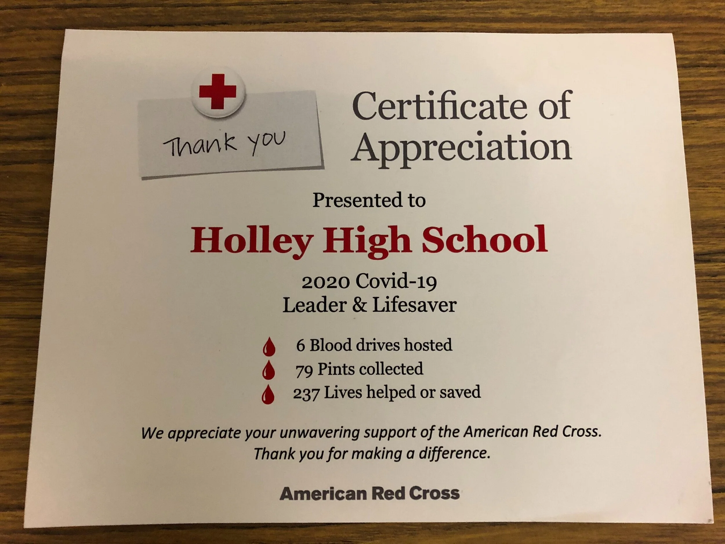 Holley HS Student Council Recognized for Blood Drive Efforts