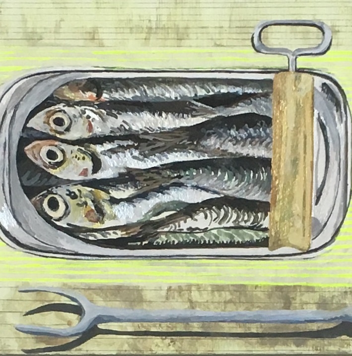 One Sardine, or Two I acryla gouache on panel I 4" x 4"