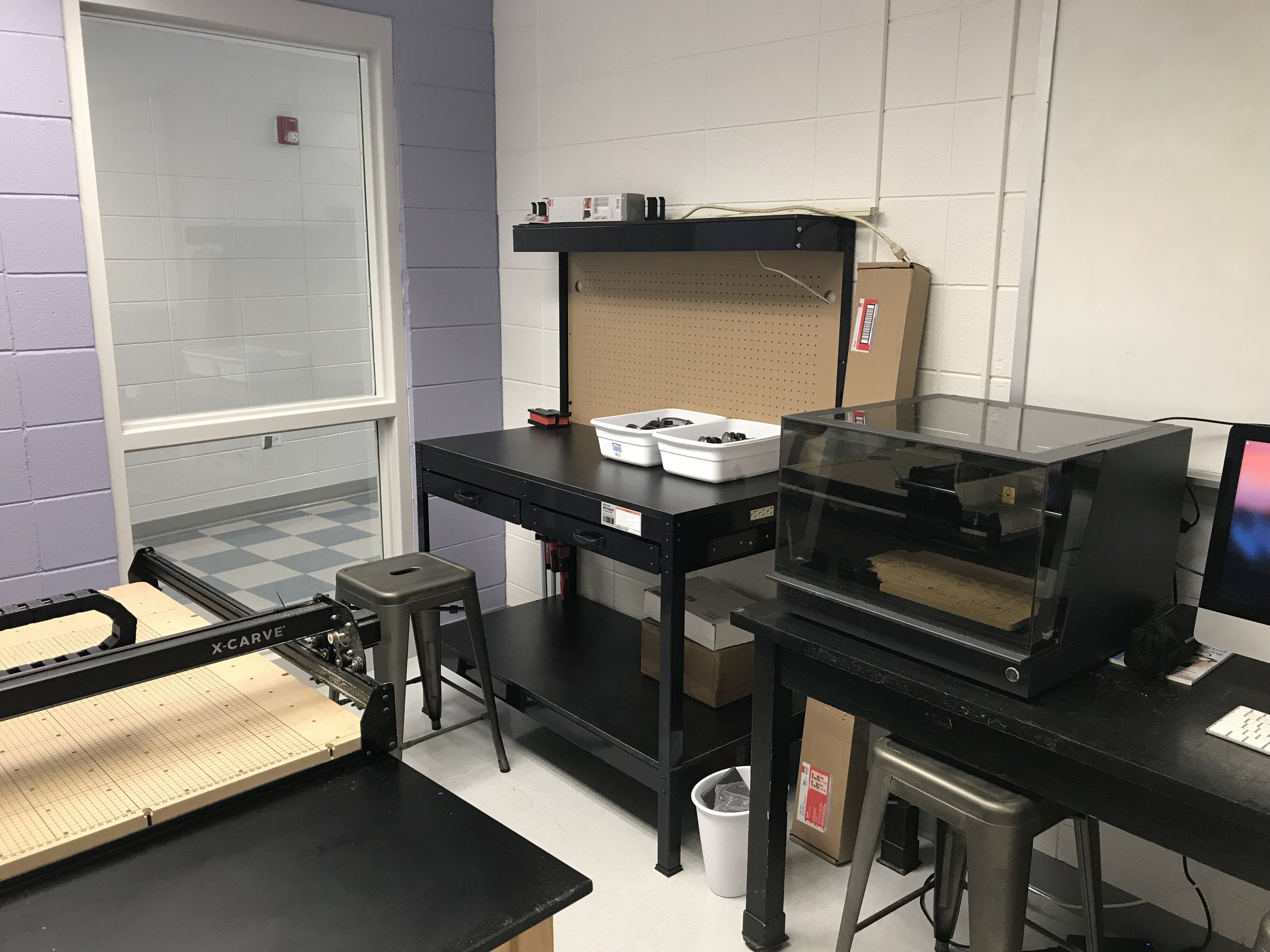 X-Carve and woodworking room after