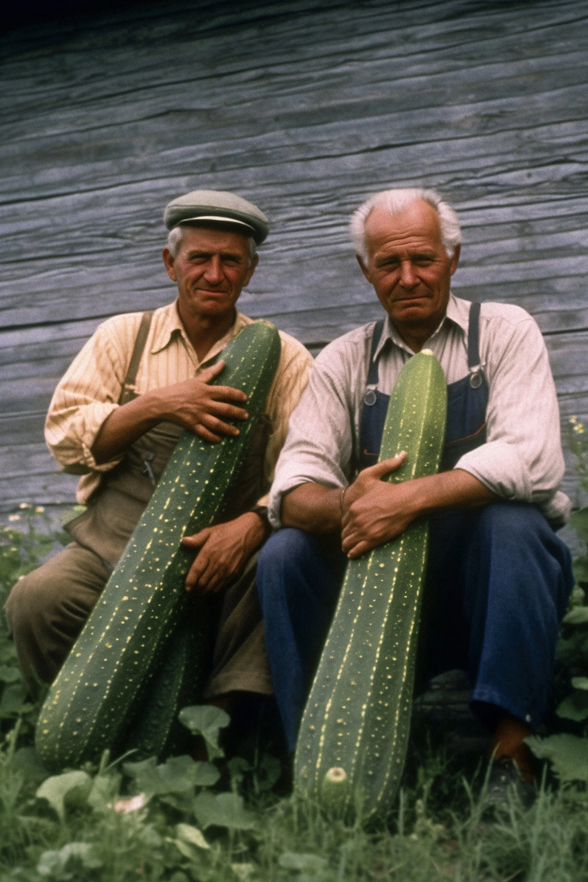 Two farmers proudly showcase their courgette harvest, 1955