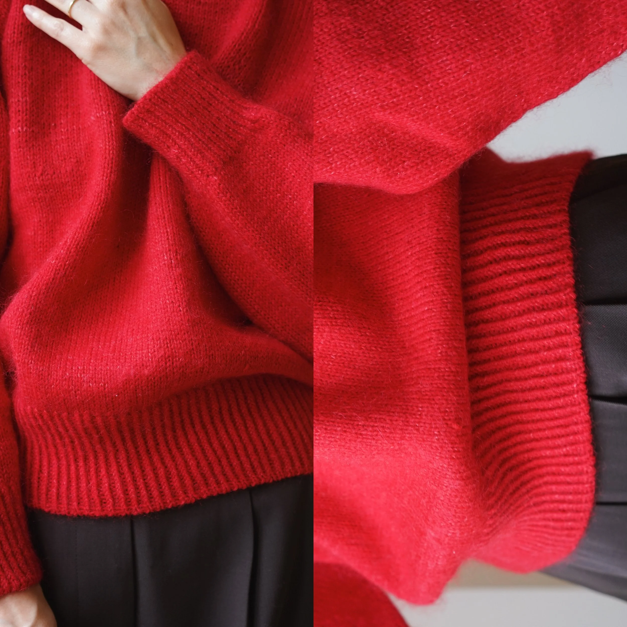 The Joan Sweater! This stunning red version is knitted one size up for a relaxed fit. My favorite feature? The signature sleeves that I&rsquo;ve woven into many of my designs over the years. 

Find the patterns at gregoriafibers.com and Ravelry via t