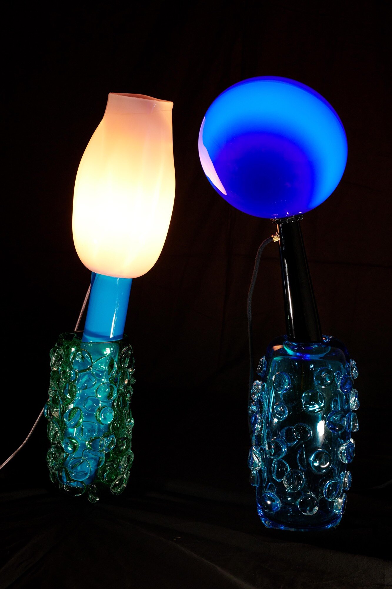   #98/#99 &amp; #102/#111  2019 &amp; 2020 Murano glass opaque + transparent; electrified Two pieces of each Right: Private collection 