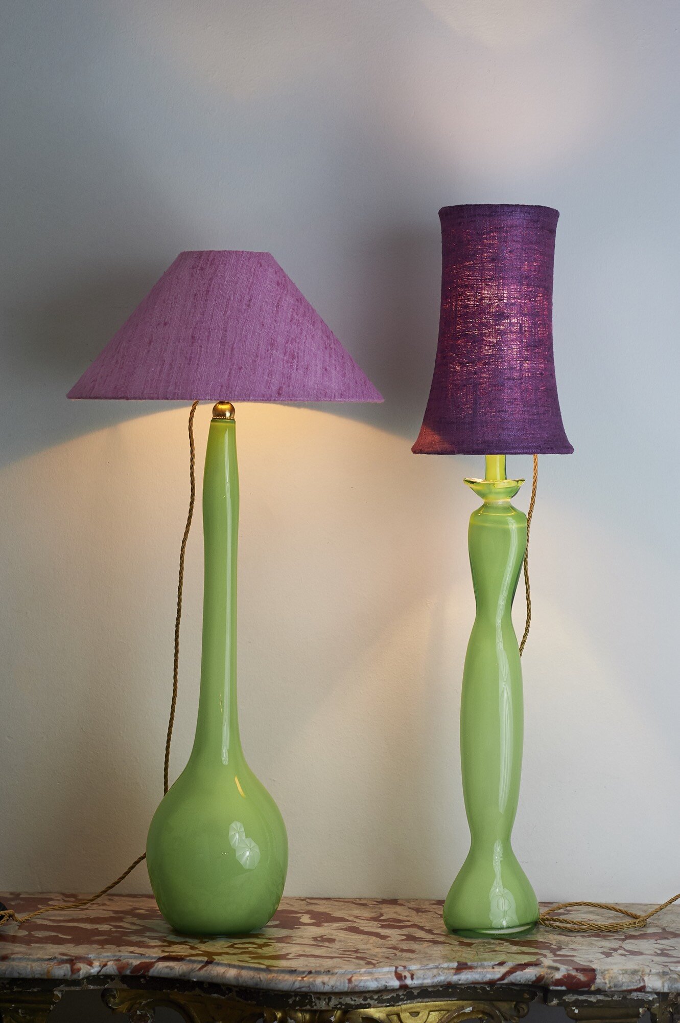   #107 &amp; #106  2019 Murano glass opaque, brass, hardened silk; electrified Murano glass opaque, hardened silk; electrified 97 &amp; 66 cm (+ 31 cm with lamp shade) Left: Private collection 